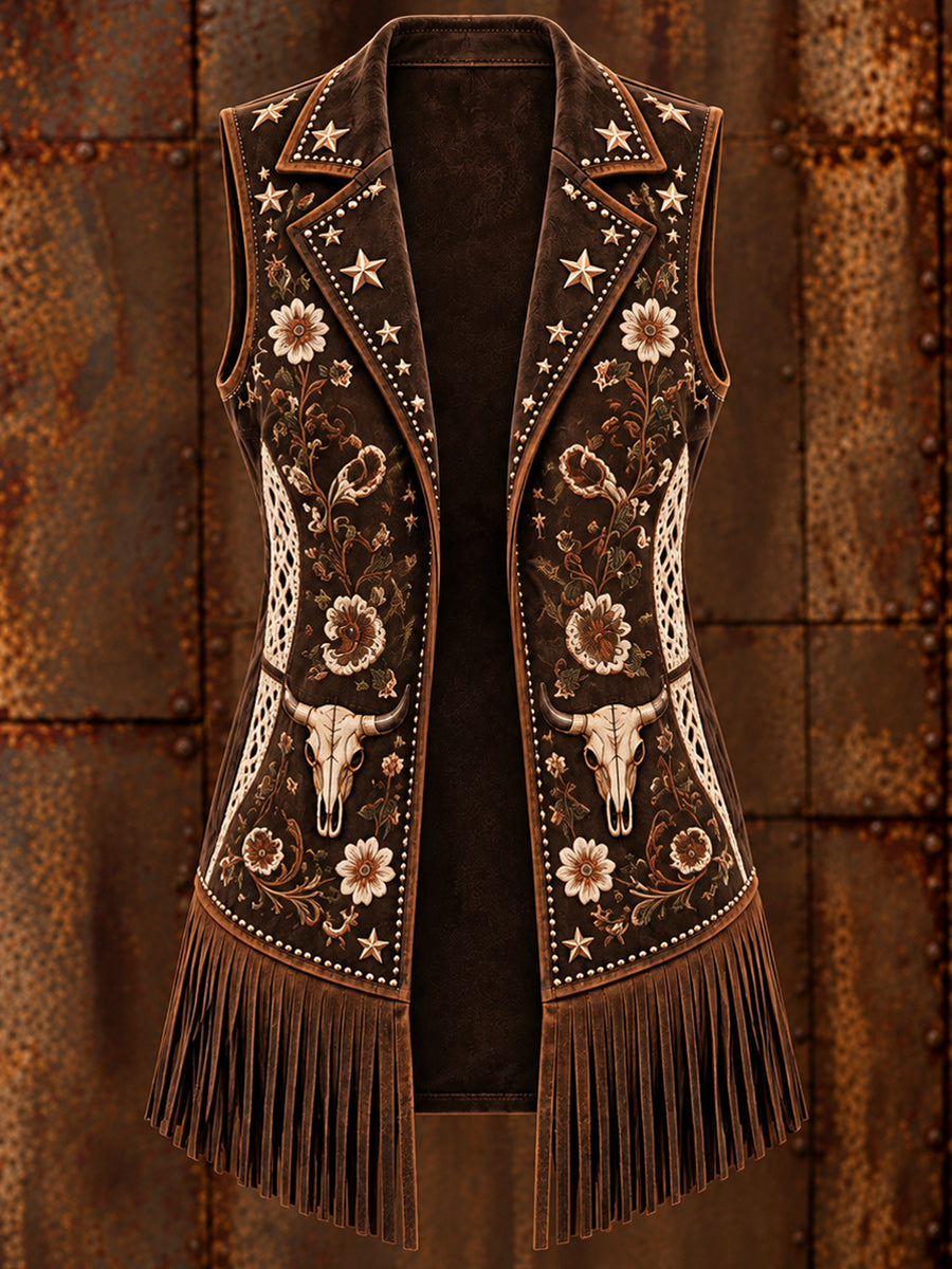 Women's Western Art Print Sleeveless Fringe Jacket